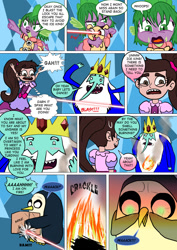 Size: 800x1133 | Tagged: safe, artist:imbriaart, derpibooru import, spike, bird, dog, dragon, penguin, comic:magic princess war, adventure time, comic, crossdressing, crossover, disguise, fire, gunter (adventure time), ice king, marco diaz, star vs the forces of evil