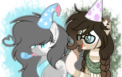Size: 1024x653 | Tagged: safe, artist:mintoria, artist:roseloverofpastels, derpibooru import, oc, oc only, oc:rosy, pony, female, glasses, hat, mare, party hat, party horn