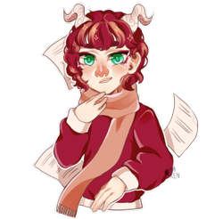 Size: 620x610 | Tagged: safe, artist:laharen, derpibooru import, oc, oc:eri rebecula, human, clothes, green eyes, horns, humanized, red hair, scarf, solo