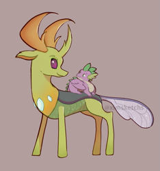 Size: 761x814 | Tagged: safe, artist:ximsketchs, derpibooru import, spike, thorax, changedling, changeling, dragon, duo, gray background, king thorax, looking at each other, male, simple background, smiling, winged spike