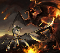 Size: 943x828 | Tagged: safe, artist:elkaart, derpibooru import, oc, oc only, demon, pegasus, pony, armor, commission, fight, fire, glaive, male, naginata, smoke, stallion, volcano, weapon