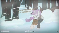 Size: 1920x1080 | Tagged: safe, artist:darkstorm619, derpibooru import, oc, oc only, oc:snappy edit, pony, blizzard, clothes, dialogue, game hud, glasses, hud, saddle bag, simple background, snow, snowfall, solo, the long dark