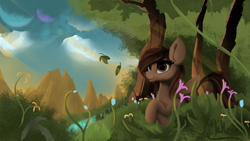 Size: 1920x1080 | Tagged: safe, artist:mahexa, derpibooru import, oc, oc only, pegasus, pony, crossed hooves, female, mountain, mountain range, scenery, solo, tree