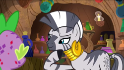 Size: 1136x640 | Tagged: safe, derpibooru import, screencap, spike, zecora, dragon, zebra, molt down, ear piercing, earring, female, jewelry, mare, molting, neck rings, piercing, stone scales, thinking