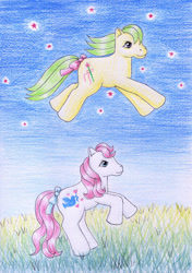 Size: 800x1134 | Tagged: safe, artist:normaleeinsane, derpibooru import, magic star, truly, g1, duo, traditional art