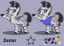 Size: 1100x800 | Tagged: safe, artist:lightning stripe, derpibooru exclusive, derpibooru import, oc, oc only, oc:zester, zebra, bowtie, brown eyes, buttons, clothes, cutie mark, ear piercing, earring, eyelashes, female, gray, gray background, jewelry, mare, piercing, reference sheet, shit eating grin, show accurate, simple background, solo, striped mane, stripes, suit, zebra oc