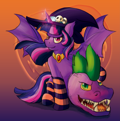 Size: 2339x2371 | Tagged: safe, artist:mandy1412, derpibooru import, spike, twilight sparkle, twilight sparkle (alicorn), alicorn, bat pony, bat pony alicorn, dragon, pony, abstract background, bat ponified, clothes, duo, female, halloween, hat, holiday, looking at you, male, mare, older, open mouth, peytral, race swap, red eyes, sitting, smiling, socks, spread wings, striped socks, wings, witch, witch hat