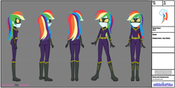 Size: 3715x1877 | Tagged: safe, artist:invisibleink, derpibooru import, rainbow dash, equestria girls, alternate timeline, belt, boots, clothes, commission, fanfic, fanfic art, gloves, mask, model sheets, production art, shoes, solo, superhero, turnaround