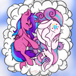 Size: 1000x1000 | Tagged: safe, artist:gardianripu, derpibooru import, princess flurry heart, oc, oc:melody aurora, alicorn, pony, adult, alicorn oc, blushing, bonding, cloud, cousins, cute, duo, duo female, eyes closed, female, flurrybetes, from above, happy, hoof on belly, lying, lying on a cloud, multiple pregnancy, ocbetes, offspring, older, older flurry heart, parent:flash sentry, parent:twilight sparkle, parents:flashlight, pregnant, signature, smiling