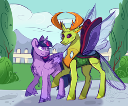 Size: 1164x964 | Tagged: safe, artist:slushshe, derpibooru import, thorax, twilight sparkle, twilight sparkle (alicorn), alicorn, changedling, changeling, antlers, bush, chest fluff, cloud, cute, female, king thorax, looking at each other, male, mountain, road, shipping, size difference, smiling, straight, town, tree, twirax