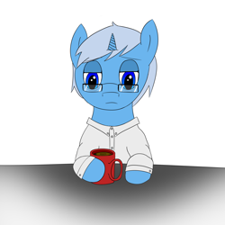 Size: 2500x2500 | Tagged: safe, artist:luxqsd, derpibooru import, oc, oc only, oc:algorithm, pony, unicorn, clothes, coffee, glasses, sad, simple background, solo, tired