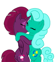 Size: 978x1080 | Tagged: safe, artist:徐詩珮, derpibooru import, fizzlepop berrytwist, glitter drops, tempest shadow, alicorn, pony, alicornified, duo, eyes closed, female, glittercorn, glittershadow, hug, kissing, lesbian, mare, race swap, shipping, simple background, tempesticorn, transparent background