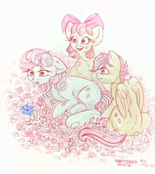 Size: 1280x1433 | Tagged: safe, artist:amishy, derpibooru import, apple bloom, scootaloo, sweetie belle, earth pony, pegasus, pony, unicorn, bow, cutie mark crusaders, female, filly, flower, hair bow, inktober, simple background, trio, watercolor painting, white background