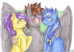 Size: 1407x1000 | Tagged: safe, artist:gree3, derpibooru import, oc, oc:glace, oc:luxor, oc:tulipan, hippogriff, pony, unicorn, blushing, hippogriffied, looking at you, luxorian trio, side hug, species swap, traditional art, unicorn oc