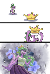 Size: 2549x3741 | Tagged: safe, artist:tadpoledraws, derpibooru import, edit, barb, spike, anthro, bowsette, cropped, rule 63, spikette, super crown, transformation