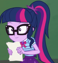 Size: 800x871 | Tagged: safe, derpibooru import, screencap, sci-twi, twilight sparkle, better together, equestria girls, forgotten friendship, animated, cropped, geode of telekinesis, gif, grin, implied micro chips, laughing, magical geodes, paper, smiling, solo focus, twilight snapple