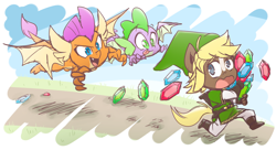Size: 1100x600 | Tagged: safe, artist:thegreatrouge, derpibooru import, quarter hearts, smolder, spike, anthro, dragon, baby, baby dragon, chase, cute, dragoness, elf hat, female, flying, gem, hat, hilarious, link, link's hat, link's tunic, male, ponified, quarterbetes, running, rupee, smolderbetes, spikabetes, the legend of zelda, tongue out, winged spike, wings