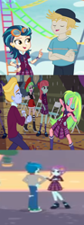 Size: 636x1707 | Tagged: safe, derpibooru import, screencap, drama letter, gold rush (character), indigo zap, lemon zest, lemonade blues, melon mint, sunny flare, suri polomare, thunderbass, watermelody, equestria girls, equestria girls series, friendship games, rollercoaster of friendship, background human, clothes, club can't handle me, cropped, crystal prep academy uniform, dancing, end credits, female, goggles, humans standing next to each other, male, pants, pleated skirt, right there in front of me, roller coaster, school uniform, shipping fuel, shoes, skirt, sneakers, socks, spoiler, that face