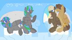 Size: 2017x1136 | Tagged: safe, artist:kindheart525, artist:lazyy-llama, derpibooru import, dumbbell, hoops, oc, oc:feather fieldgoal, oc:storm strike, dumbhoops, gay, kindverse, male, parent:blossomforth, parent:thunderlane, parents:blossomlane, pregnant, shipping, story included
