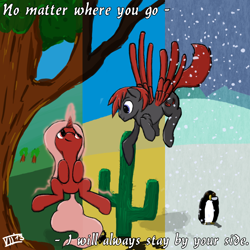 Size: 1000x1000 | Tagged: safe, artist:thatseven, derpibooru import, oc, oc only, oc:cherry sundae, oc:crimson wings, bird, penguin, cactus, snow, snowfall, tree