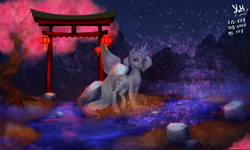 Size: 1500x900 | Tagged: safe, artist:zirconum, derpibooru import, pony, lantern, river, scenery, solo, stream, torii, tree, water