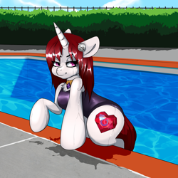 Size: 1500x1500 | Tagged: safe, artist:moonrunes, derpibooru import, oc, oc only, oc:mistress ecstacy, pony, unicorn, bedroom eyes, clothes, latex, latex suit, one-piece swimsuit, simple background, solo, swimming pool, swimsuit, wet