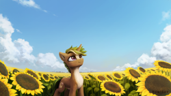 Size: 3840x2160 | Tagged: safe, artist:inowiseei, derpibooru import, oc, oc only, oc:serik, pony, unicorn, chest fluff, commission, fisheye lens, flower, high res, scenery, smiling, solo, sunflower, uhd