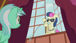 Size: 1920x1080 | Tagged: safe, derpibooru import, screencap, bon bon, lyra heartstrings, sweetie drops, earth pony, pony, unicorn, slice of life (episode), female, glasses, grappling hook, mare, secret agent sweetie drops, sunglasses