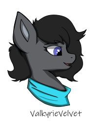 Size: 1461x1684 | Tagged: safe, artist:valkyrievelvet, derpibooru import, oc, oc:shady, pony, black mane, blue eyes, blue scarf, bust, clothes, gray coat, looking to side, open mouth, portrait, scarf, smiling