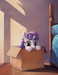 Size: 702x900 | Tagged: safe, artist:maggwai, derpibooru import, edit, sweetie belle, pony, behaving like a cat, box, cardboard box, chewing, cute, diasweetes, drool, eating, if i fits i sits, kitty belle, nom, pony in a box, solo