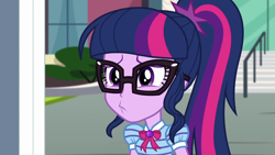 Size: 1280x720 | Tagged: safe, derpibooru import, screencap, sci-twi, twilight sparkle, better together, equestria girls, text support, text support: rarity, adorkable, confused, cute, dork, faic, female, geode of telekinesis, glasses, ponytail, solo, twiabetes