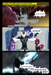 Size: 4750x7000 | Tagged: safe, artist:chedx, derpibooru import, storm king, tempest shadow, twilight sparkle, twilight sparkle (alicorn), alicorn, pony, unicorn, comic:the storm kingdom, my little pony: the movie, absurd resolution, alternate universe, bad end, broken horn, comic, empire, eye scar, general tempest shadow, looking up, scar, speech, staff, storm, storm kingdom