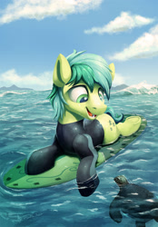 Size: 1200x1723 | Tagged: safe, artist:tsitra360, derpibooru import, sandbar, earth pony, pony, male, sea turtle, sky, smiling, solo, surfboard, swimming, teenager, water, wetsuit