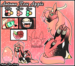 Size: 2880x2520 | Tagged: safe, artist:thebigearredbat, derpibooru import, oc, oc:autumn rose apple, draconequus, abstract background, draconequus oc, freckles, interspecies offspring, magical threesome spawn, male, multiple parents, multiple wings, offspring, parent:big macintosh, parent:discord, parent:fluttershy, parents:discomacshy, reference sheet, solo, watermark