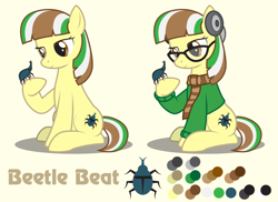 Size: 1100x800 | Tagged: safe, artist:lightning stripe, derpibooru import, oc, oc:beetle beat, oc:hercules, beetle, earth pony, pony, rhinoceros beetle, brown eyes, clothes, female, glasses, headphones, mare, reference sheet, scarf, show accurate, simple background, sitting, solo, sweater, yellow background