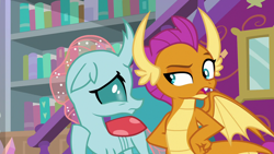 Size: 1280x720 | Tagged: safe, derpibooru import, screencap, ocellus, smolder, changedling, changeling, dragon, school raze, book, bookshelf, dragoness, duo, female, floppy ears, hand on hip, raised eyebrow