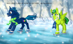 Size: 4097x2480 | Tagged: safe, artist:polainas, derpibooru import, oc, oc only, oc:aura skye, oc:evergreen feathersong, pegasus, pony, blushing, clothes, dialogue, digital art, duo, everskye, female, high res, ice, ice skating, laughing, male, mare, scarf, signature, smiling, stallion, surprised, ych result
