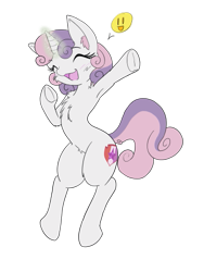 Size: 423x564 | Tagged: safe, artist:larrykitty, derpibooru import, sweetie belle, armpits, cute, cutie mark, diasweetes, ear fluff, emoji, happy, jumping, magic, raised hoof, simple background, solo, sparking horn, transparent background