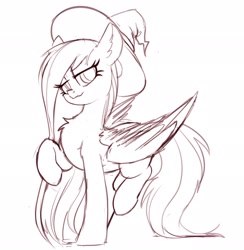 Size: 1996x2048 | Tagged: safe, artist:yoditax, derpibooru import, oc, oc:8 ball, oc:autumn melody, pegasus, pony, clothes, female, hat, long hair, long mane, long tail, looking at you, mare, monochrome, solo, wings, witch hat