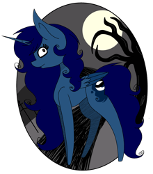 Size: 1977x2250 | Tagged: safe, artist:midnightamber, derpibooru import, oc, oc only, oc:midnight, alicorn, pony, alicorn oc, female, fence, mare, moon, scary tree, side view, simple background, solo, style emulation, tim burton, tim burton style, transparent background