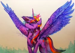 Size: 2876x2016 | Tagged: safe, artist:angusdra, derpibooru import, twilight sparkle, twilight sparkle (alicorn), alicorn, big crown thingy, crown, female, jewelry, regalia, solo, spread wings, wings