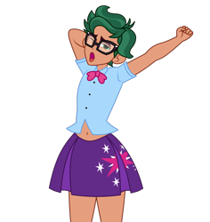 Size: 1700x1800 | Tagged: safe, artist:mashoart, derpibooru import, timber spruce, twilight sparkle, equestria girls, belly button, blushing, clothes, crossdressing, dress, glasses, midriff, pleated skirt, simple background, skirt, solo, stretching, transparent background, yawn