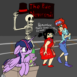 Size: 1200x1200 | Tagged: safe, artist:thebathwaterhero, derpibooru import, draggle, reeka, spike, twilight sparkle, twilight sparkle (alicorn), alicorn, dragon, 35th anniversary, mr. bones, mr. bones' wild ride, winged spike