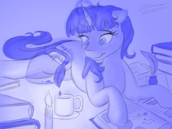 Size: 1024x768 | Tagged: safe, artist:novaintellus, derpibooru import, twilight sparkle, unicorn twilight, pony, unicorn, atg 2018, book, candle, coffee, female, glowing horn, inkwell, magic, mare, monochrome, mug, newbie artist training grounds, prone, quill pen, solo, telekinesis