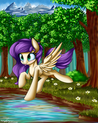 Size: 4000x5000 | Tagged: safe, artist:supermoix, derpibooru import, oc, oc only, oc:darya breeze, pegasus, pony, cute, flower, forest, lake, mountain, solo, tongue out, tree