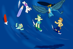 Size: 3543x2362 | Tagged: safe, artist:horsesplease, derpibooru import, double diamond, feather bangs, gallus, sandbar, zephyr breeze, paint tool sai, surfboard, surfing