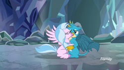 Size: 1920x1080 | Tagged: safe, derpibooru import, screencap, gallus, silverstream, classical hippogriff, griffon, hippogriff, what lies beneath, cave, cute, diastreamies, discovery family logo, duo, female, gallabetes, hug, male, out of context, shipping fuel