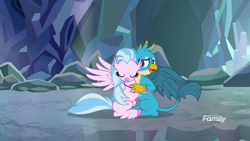 Size: 1920x1080 | Tagged: safe, derpibooru import, screencap, gallus, silverstream, classical hippogriff, griffon, hippogriff, what lies beneath, cave, cute, diastreamies, discovery family logo, duo, eyes closed, female, gallabetes, hug, male, shipping fuel