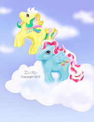 Size: 600x777 | Tagged: safe, artist:z1ar0, derpibooru import, pegasus, pony, g1, bow, candy cane pony, cloud, duo, flying, rainbow curl pony, ringlet (g1 rainbow curl), sugar apple, tail bow