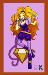 Size: 828x1280 | Tagged: safe, alternate version, artist:srasomeone, derpibooru import, adagio dazzle, human, equestria girls, adagiazonga dazzle, belt, bolero jacket, boots, breasts, cleavage, clothes, cutie mark background, female, fingerless gloves, gem, gloves, headband, high heel boots, leggings, microphone, pink background, raised leg, romper, shoes, simple background, singing, siren gem, solo, spiked belt, spiked headband